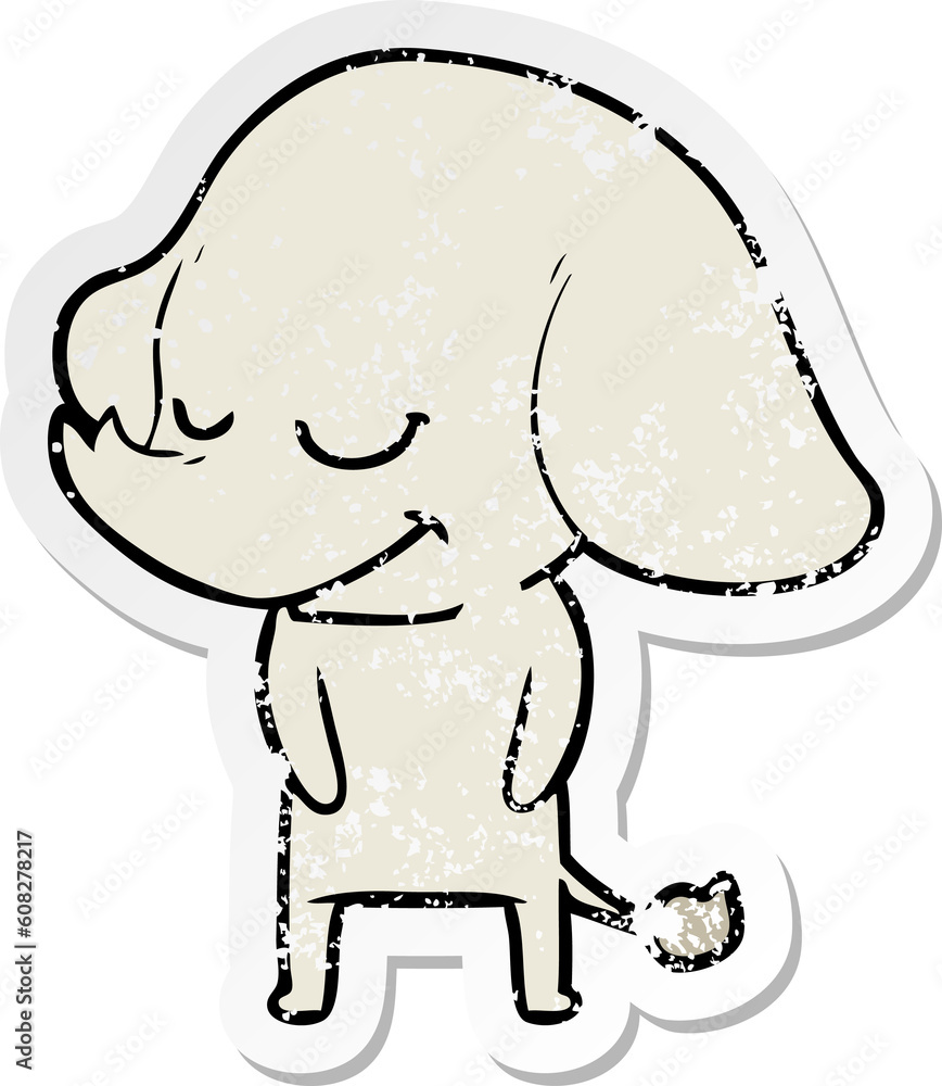 distressed sticker of a cartoon smiling elephant distressed sticker of a cartoon smiling elephant