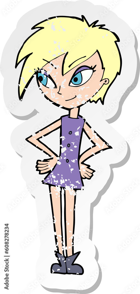 retro distressed sticker of a cartoon girl with hands on hips