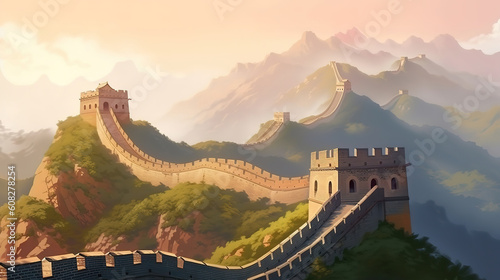 Illustration of the Great Wall of China in bright colors. Generative Ai