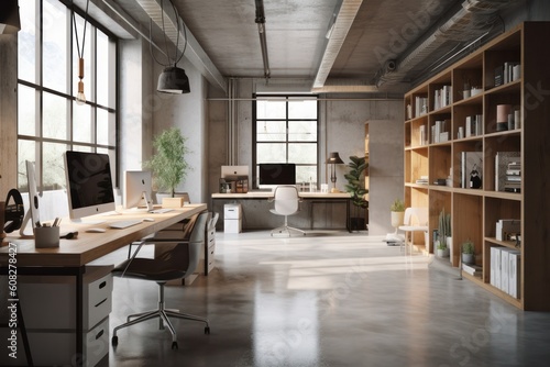 Comfortable and modern loft style office space. Smooth concrete walls, glossy floors, wooden computer tables and shelving, huge panoramic windows. Generative AI