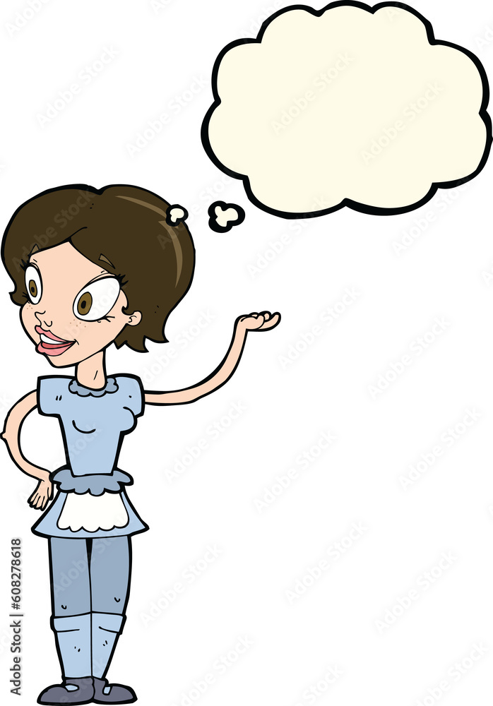 cartoon woman in maid costume with thought bubble cartoon woman in maid costume with thought bubble