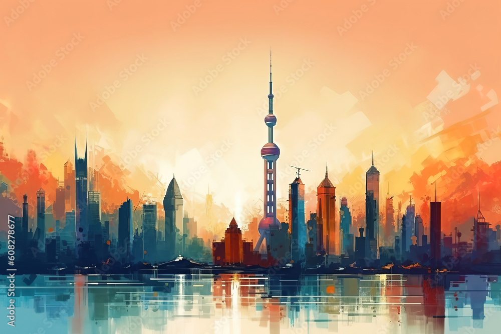 Shangahi skyline, China, bright color. Generative Ai