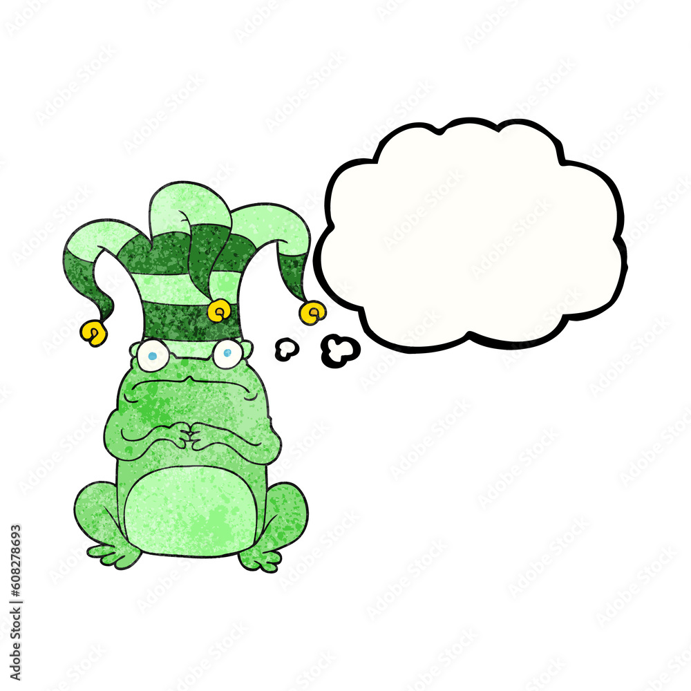 freehand drawn thought bubble textured cartoon frog wearing jester hat freehand drawn thought bubble textured cartoon frog wearing jester hat
