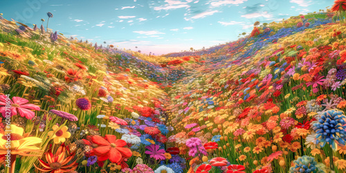 flower meadow very colorful variety different flowers for the wallpaper background image. Created with generative AI