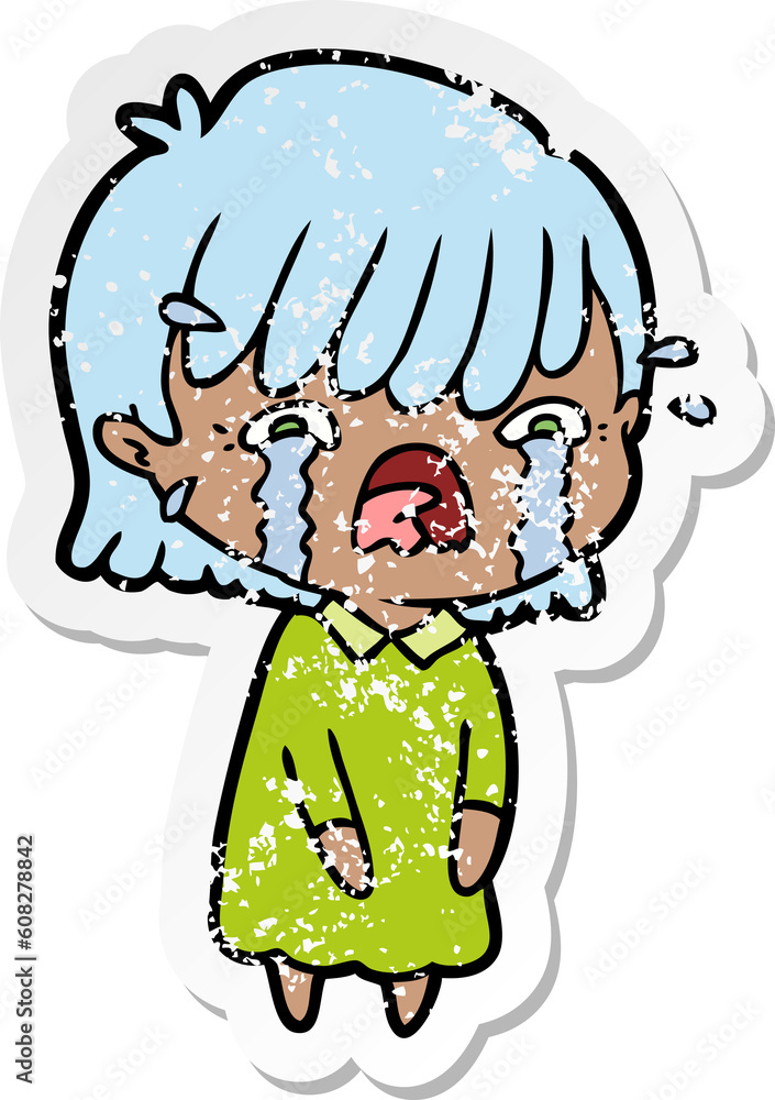 distressed sticker of a cartoon girl crying distressed sticker of a cartoon girl crying