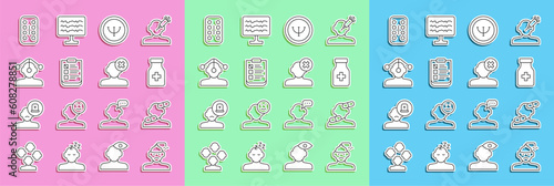 Set line Concussion, headache, Sedative pills, Psychology, Psychological test, Hypnosis, and Solution problem in psychology icon. Vector