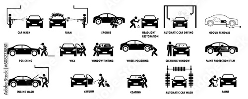 Auto wash. Car wash, simple symbols collection. Automatic carwash, vector illustrations