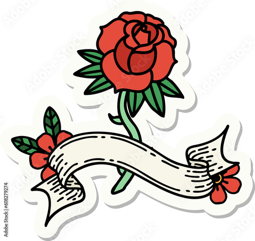 tattoo style sticker with banner of a rose