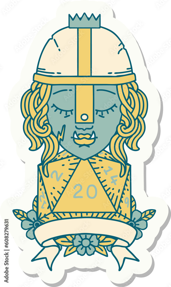sticker of a half orc fighter with natural twenty dice roll sticker of a half orc fighter with natural twenty dice roll