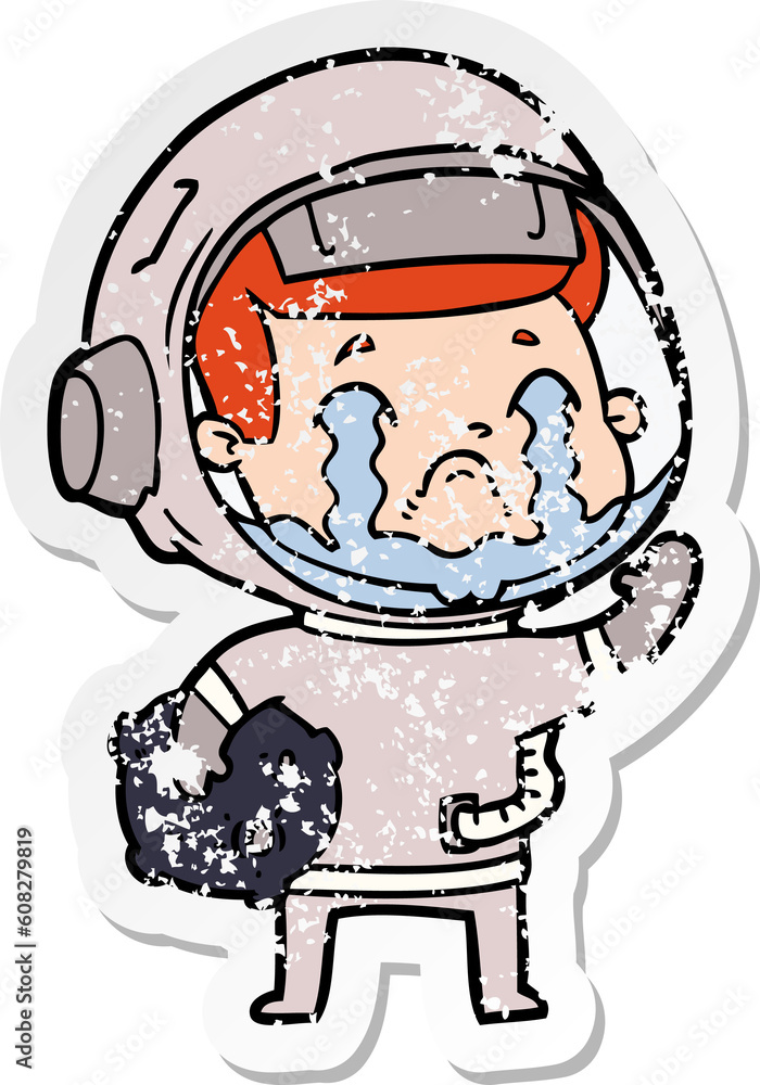 distressed sticker of a cartoon crying astronaut distressed sticker of a cartoon crying astronaut