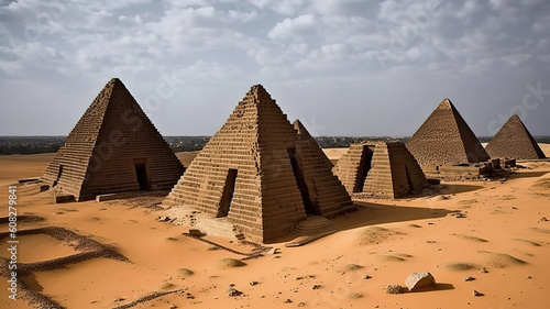 Desert landscape with pyramids and caravan. Generative Ai