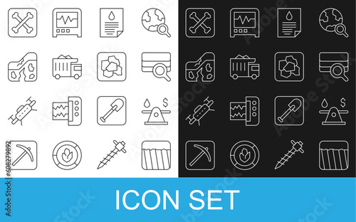 Set line Ground, Oil money, Soil analysis, drop document, Mining dump truck, Geological fault, Archeology and Gold nugget icon. Vector