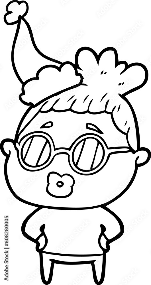 Obraz premium hand drawn line drawing of a librarian woman wearing spectacles wearing santa hat