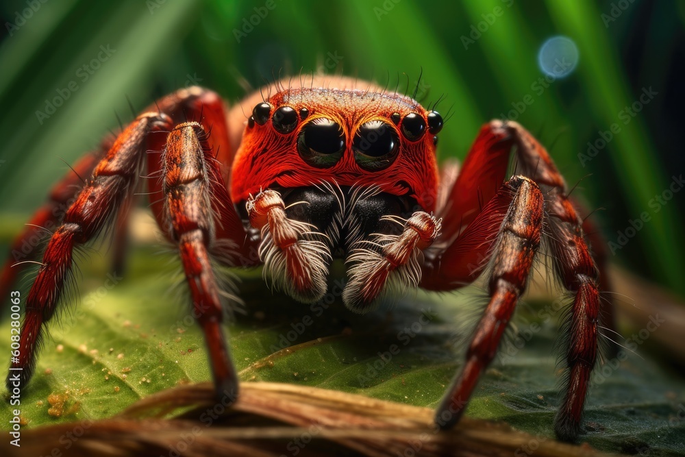 Fototapeta premium Close up photograph of a spider in its natural habitat, showcasing the mesmerizing beauty of its presence. Generative AI