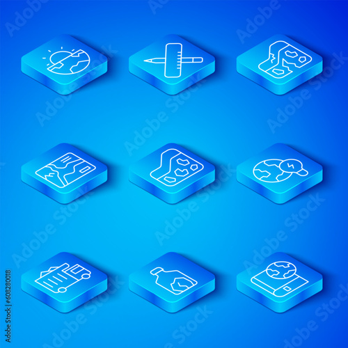 Set line Mining dump truck, Ground, Ore mining, Global planet with bulb, Geological fault, Topographic map, Earth core structure crust and globe and book icon. Vector