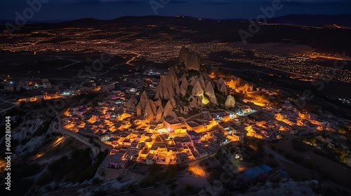 Goreme City at twilight, Famous tourist center of balloon fligths in Cappadocia. Generative Ai