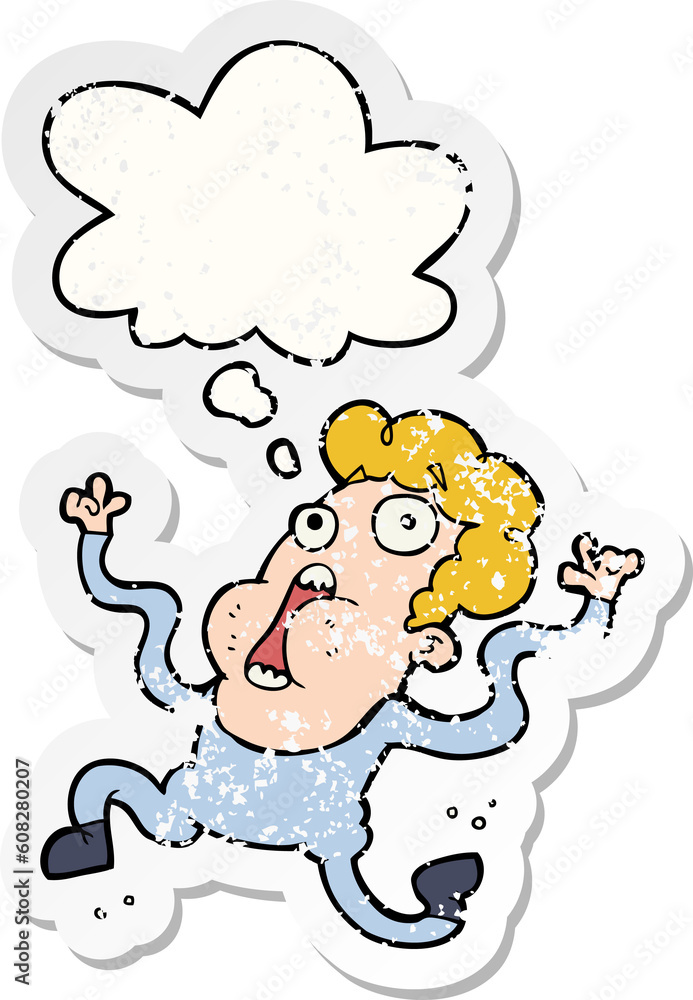 cartoon terrified man with thought bubble as a distressed worn sticker cartoon terrified man with thought bubble as a distressed worn sticker