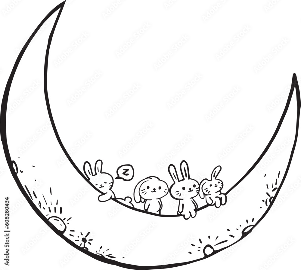 black and white cartoon rabbit on crescent moon black and white cartoon rabbit on crescent moon