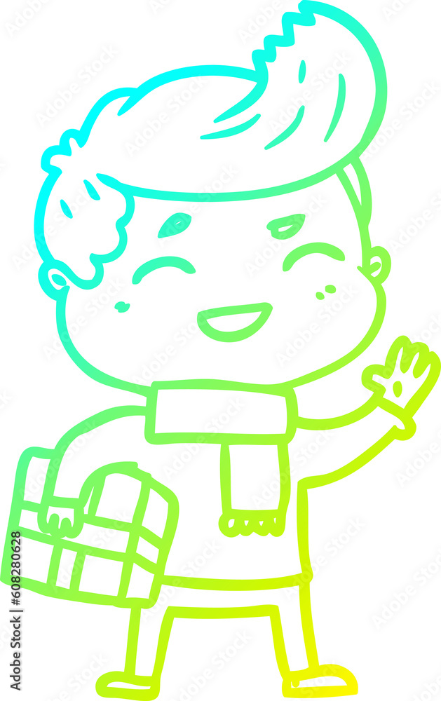 cold gradient line drawing of a cartoon man laughing carrying parcel cold gradient line drawing of a cartoon man laughing carrying parcel
