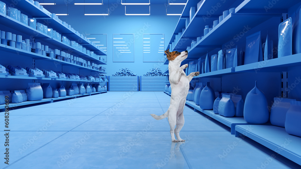 Portrait of a cute dog with white fur standing alone surrounded canine food over 3D model of supermarket background. Pets shopping - obrazy, fototapety, plakaty 
