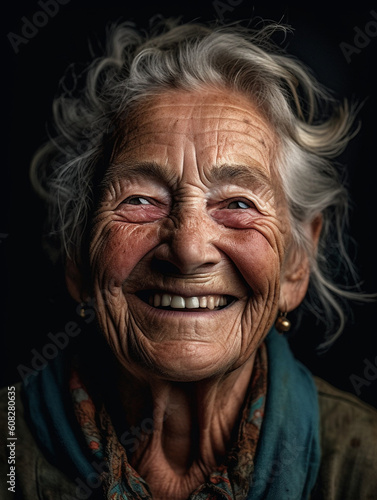 Gesicht einer lachenden alten Frau mit vielen Falten Nahaufnahme , ai generativ © www.freund-foto.de