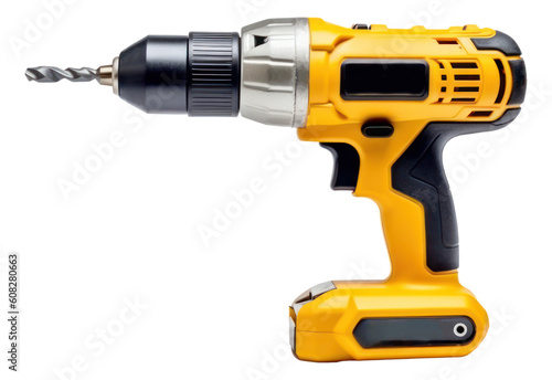 Yellow cordless electronic screwdriver drill hand tool isolated. Generative AI.