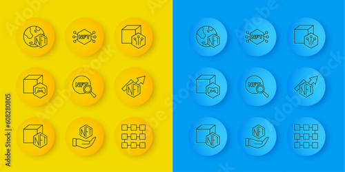 Set line NFT Digital crypto art, Search, blockchain technology, growth bar chart, and icon. Vector