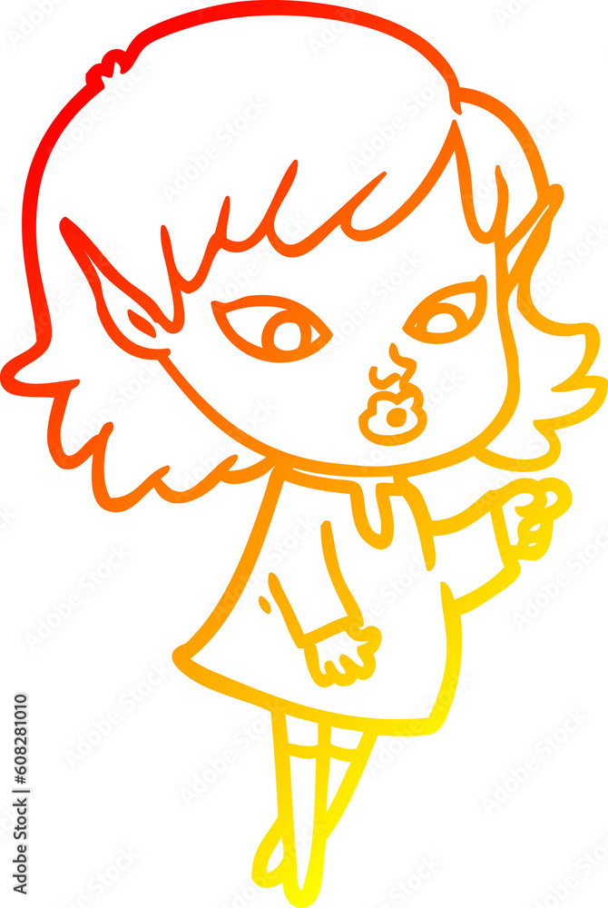 warm gradient line drawing of a pointing cartoon elf girl warm gradient line drawing of a pointing cartoon elf girl
