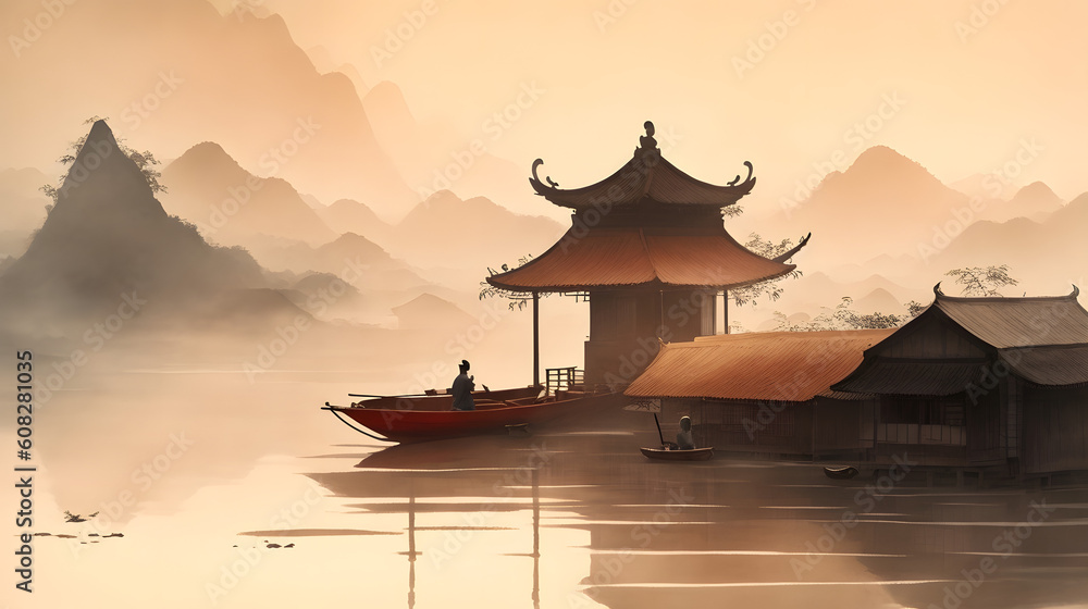 Japoński malunek na kartce jeziora z budynkiem. Generative AI - obrazy, fototapety, plakaty 