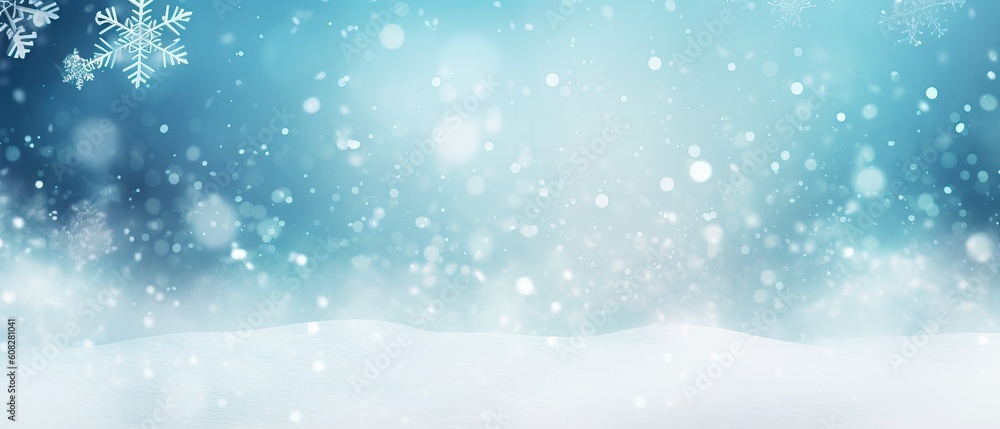 Fototapeta premium Beautiful background image of small snowdrifts, falling snow and snowflakes in white and blue tones