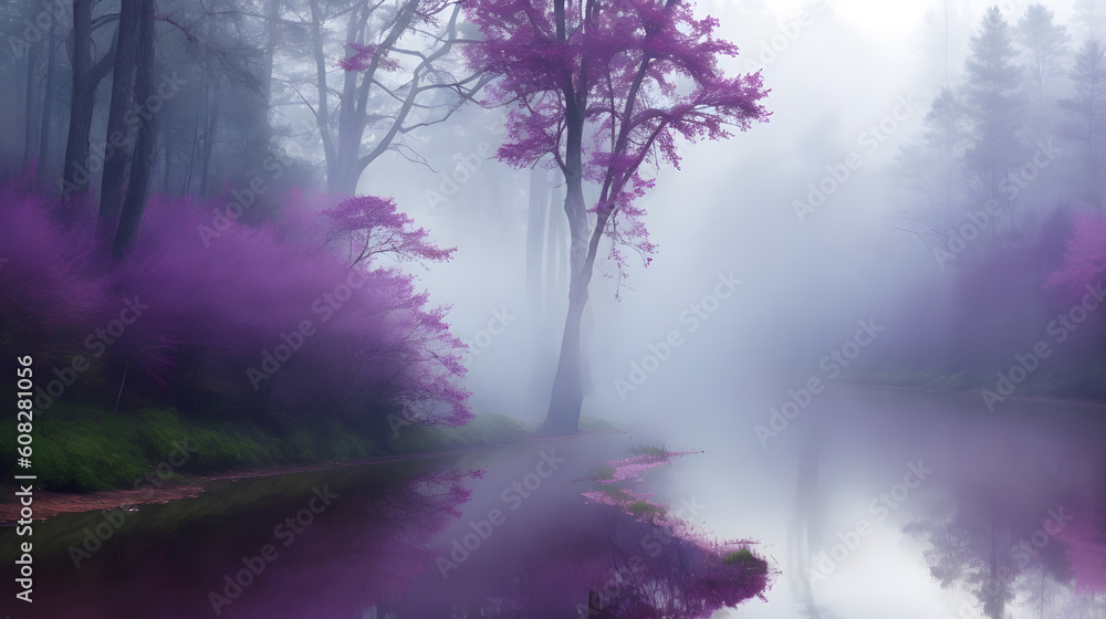 Majestatyczny fioletowy las z rzeką. - obrazy, fototapety, plakaty 