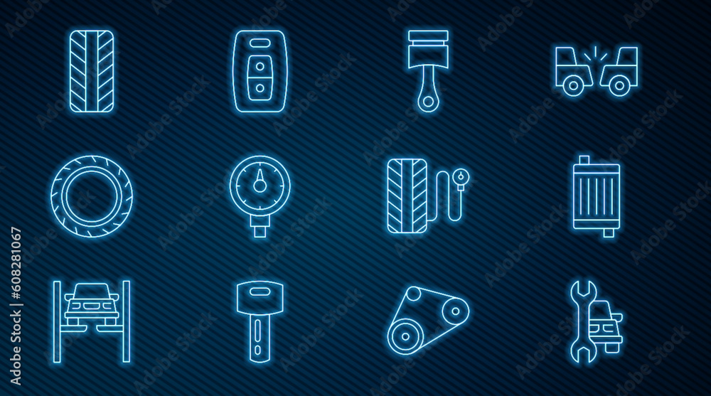 Set line Car service, radiator cooling system, Engine piston, Tire pressure gauge, tire wheel, and key with remote icon. Vector Set line Car service, radiator cooling system, Engine piston, Tire pressure gauge, tire wheel, and key with remote icon. Vector