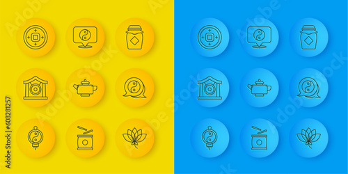 Set line Chinese paper lantern, Gong musical instrument, tea ceremony, Lotus flower, Yin Yang symbol, Yuan currency, Jar of honey and icon. Vector