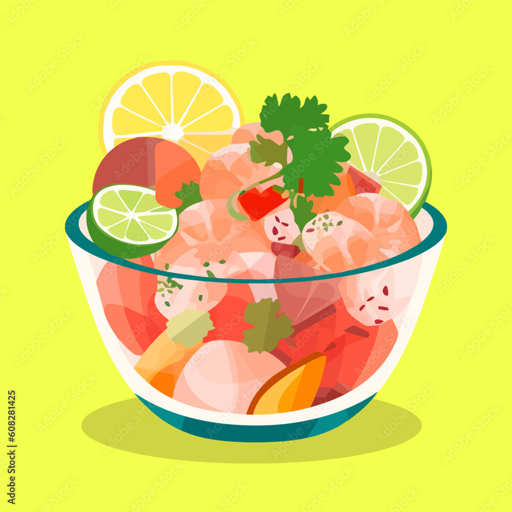 Fototapeta premium Ceviche of shrimp with vegetables, spices and lime vector illustration