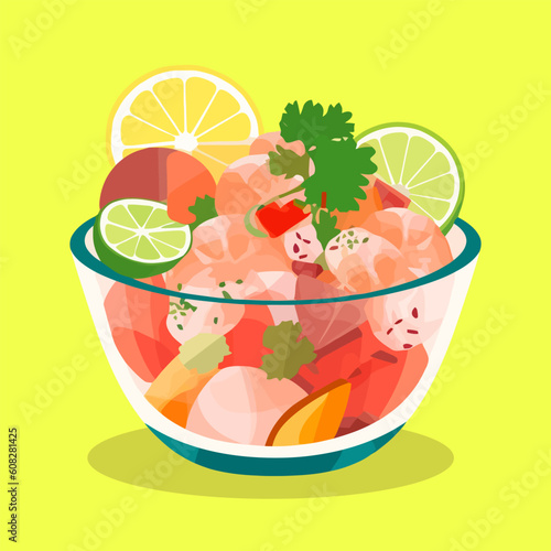 Ceviche of shrimp with vegetables, spices and lime vector illustration