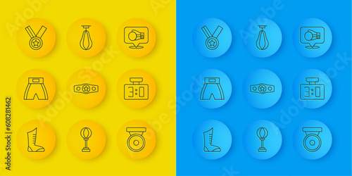 Set line Sport boxing shoes, Boxing short, belt, gong, mechanical scoreboard, Medal, glove and Punching bag icon. Vector