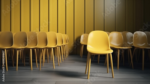 horizontal view of Yellow chair standing out from the crowd. Business concept. Generative AI photo
