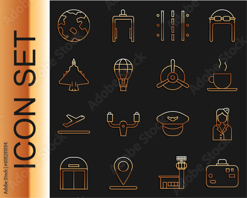 Set line Suitcase, Stewardess, Coffee cup, Airport runway, Hot air balloon, Jet fighter, Worldwide and Plane propeller icon. Vector