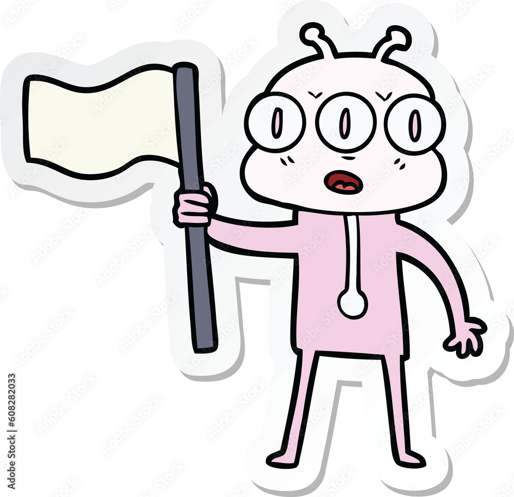 sticker of a cartoon three eyed alien waving flag sticker of a cartoon three eyed alien waving flag
