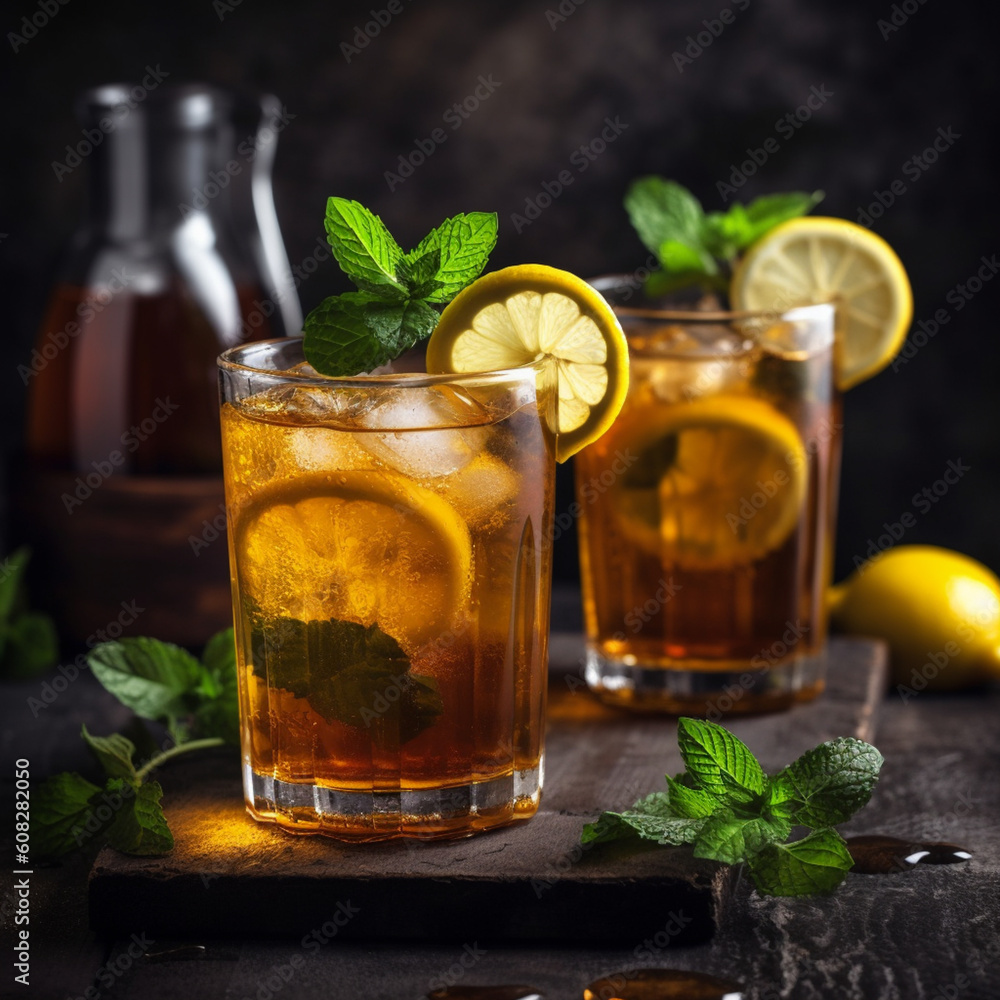 Iced tea with lemon slices and mint on rustic background. Generative AI Iced tea with lemon slices and mint on rustic background. Generative AI