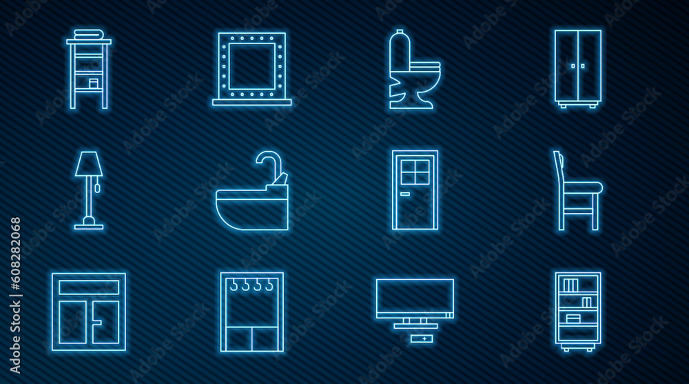 Set line Library bookshelf, Chair, Toilet bowl, Washbasin with water tap, Floor lamp, Bathroom rack shelves for towels, Closed door and Makeup mirror lights icon. Vector