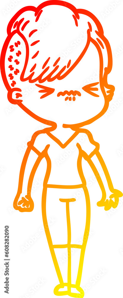 warm gradient line drawing of a cartoon annoyed hipster girl warm gradient line drawing of a cartoon annoyed hipster girl