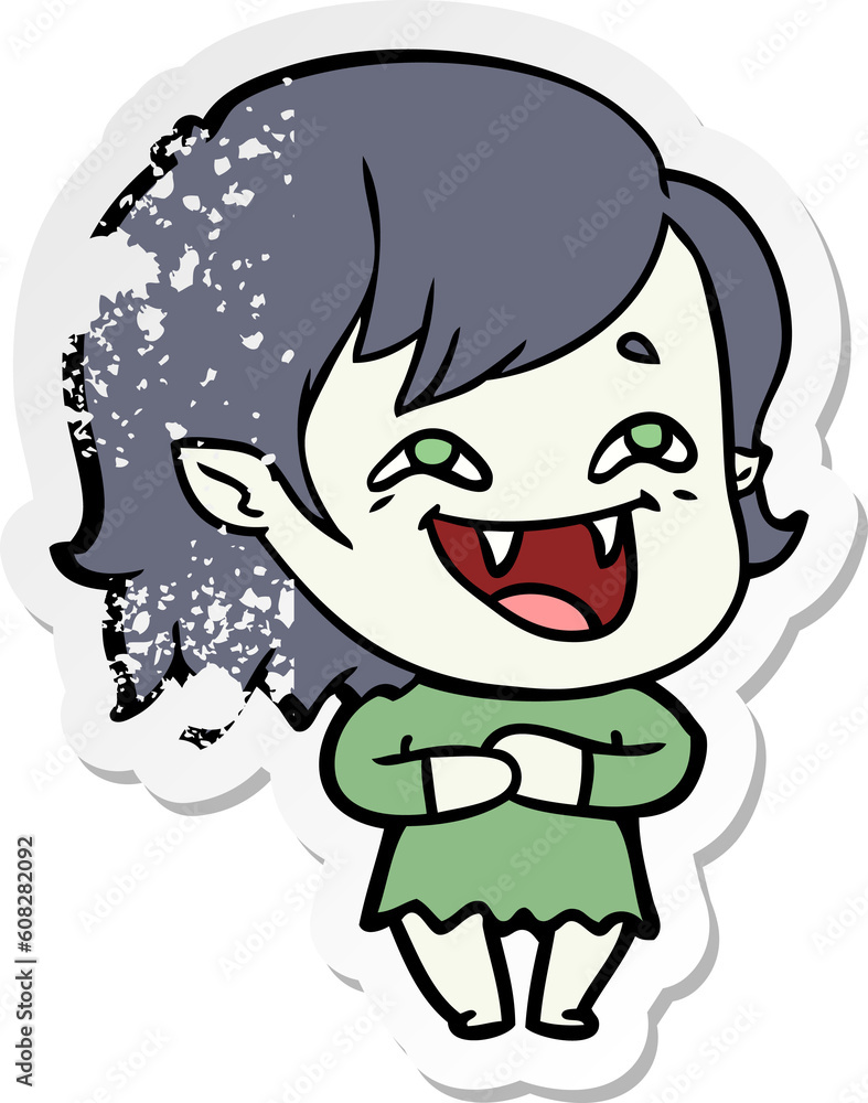 distressed sticker of a cartoon laughing vampire girl distressed sticker of a cartoon laughing vampire girl