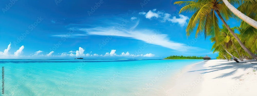 Beautiful beach with white sand, turquoise ocean, blue sky with clouds and palm tree over the water on a Sunny day. Maldives, perfect tropical landscape, ultra wide format