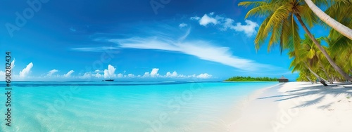 Beautiful beach with white sand  turquoise ocean  blue sky with clouds and palm tree over the water on a Sunny day. Maldives  perfect tropical landscape  ultra wide format