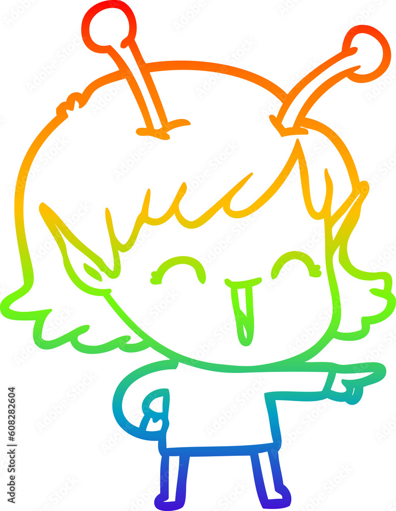 rainbow gradient line drawing of a cartoon alien girl laughing rainbow gradient line drawing of a cartoon alien girl laughing