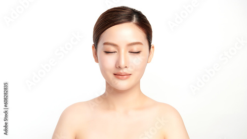 Close your eyes., Beautiful young asian woman with clean fresh skin on white background, Face care, Facial treatment, Cosmetology, beauty and spa, Asian women portrait.