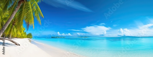 Beautiful beach with white sand  turquoise ocean  blue sky with clouds and palm tree over the water on a Sunny day. Maldives  perfect tropical landscape  ultra wide format