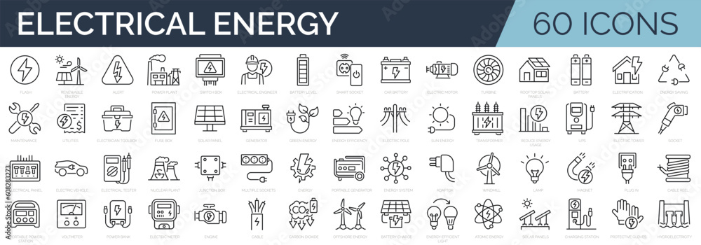 Set of 60 line icons related to energy, electrical energy, electricity. Outline icon collection. Vector illustration. Editable stroke - obrazy, fototapety, plakaty 