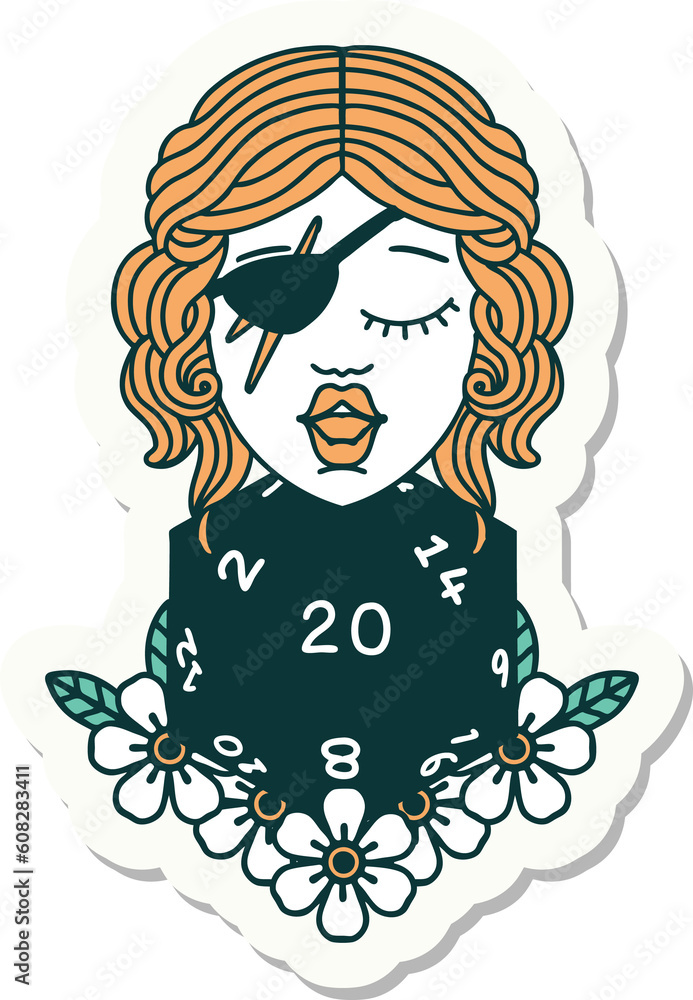 sticker of a human rogue with natural twenty dice roll sticker of a human rogue with natural twenty dice roll